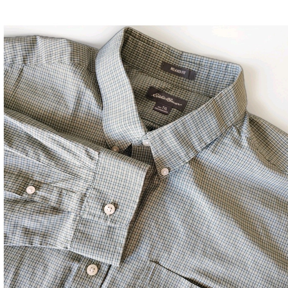 Eddie Bauer Button Down Shirt Mens XL Tall Green Plaid Relaxed Fit Long Sleeve
